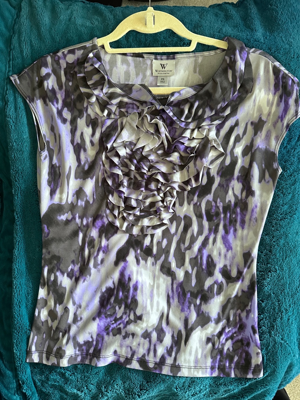 Worthington Purple and Gray Ruffle Front Women's Top, Sz PS